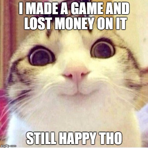 Happy cat with "Lost money but still happy" text on top